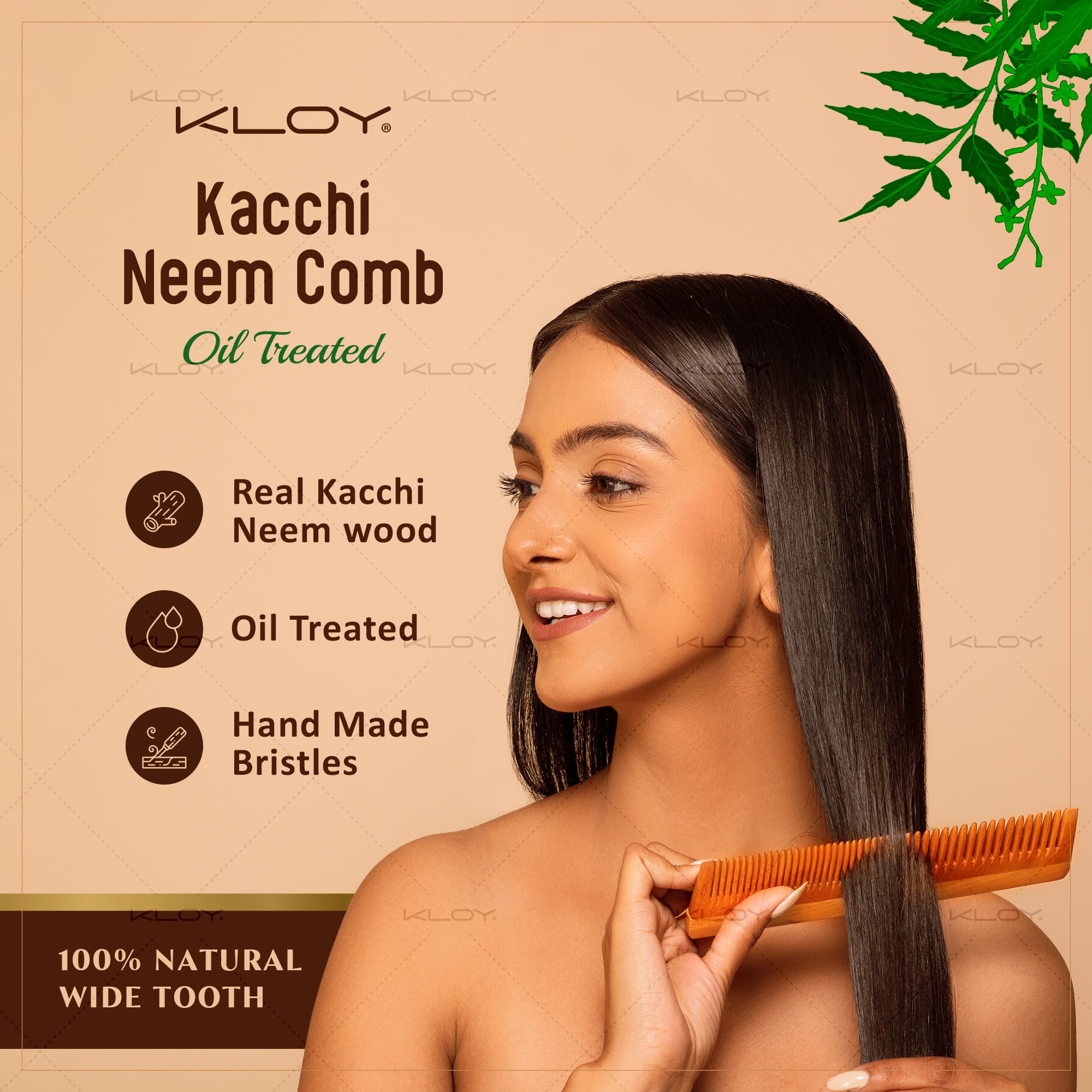 KLOY Oil Treated Kacchi Neem Comb, Treated with Neem Oil & 15+ Herbs for Men, Women (Dual Tooth)