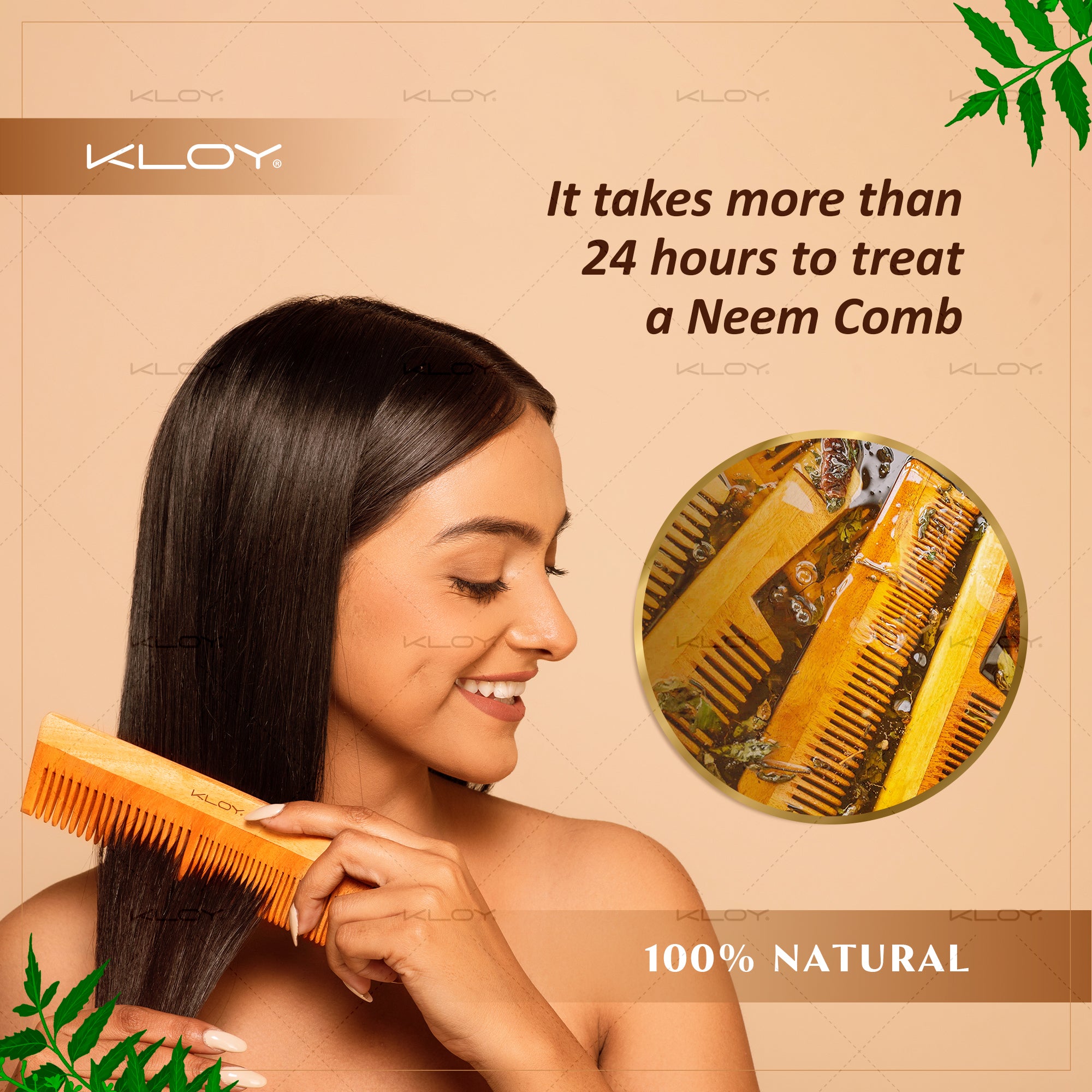 KLOY Oil Treated Kacchi Neem Comb, Treated with Neem Oil & 15+ Herbs for Men, Women (Dual Tooth)