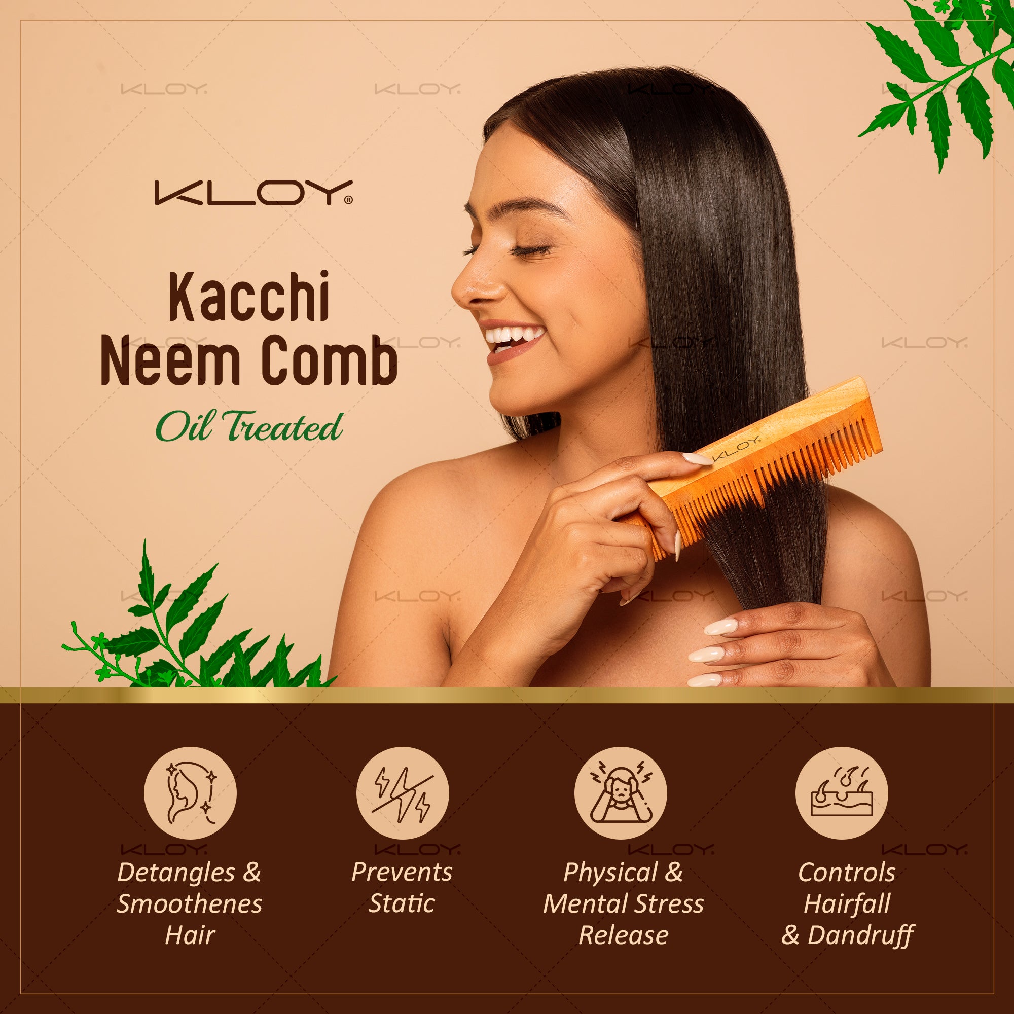 KLOY Oil Treated Kacchi Neem Comb, Treated with Neem Oil & 15+ Herbs for Men, Women (Dual Tooth)