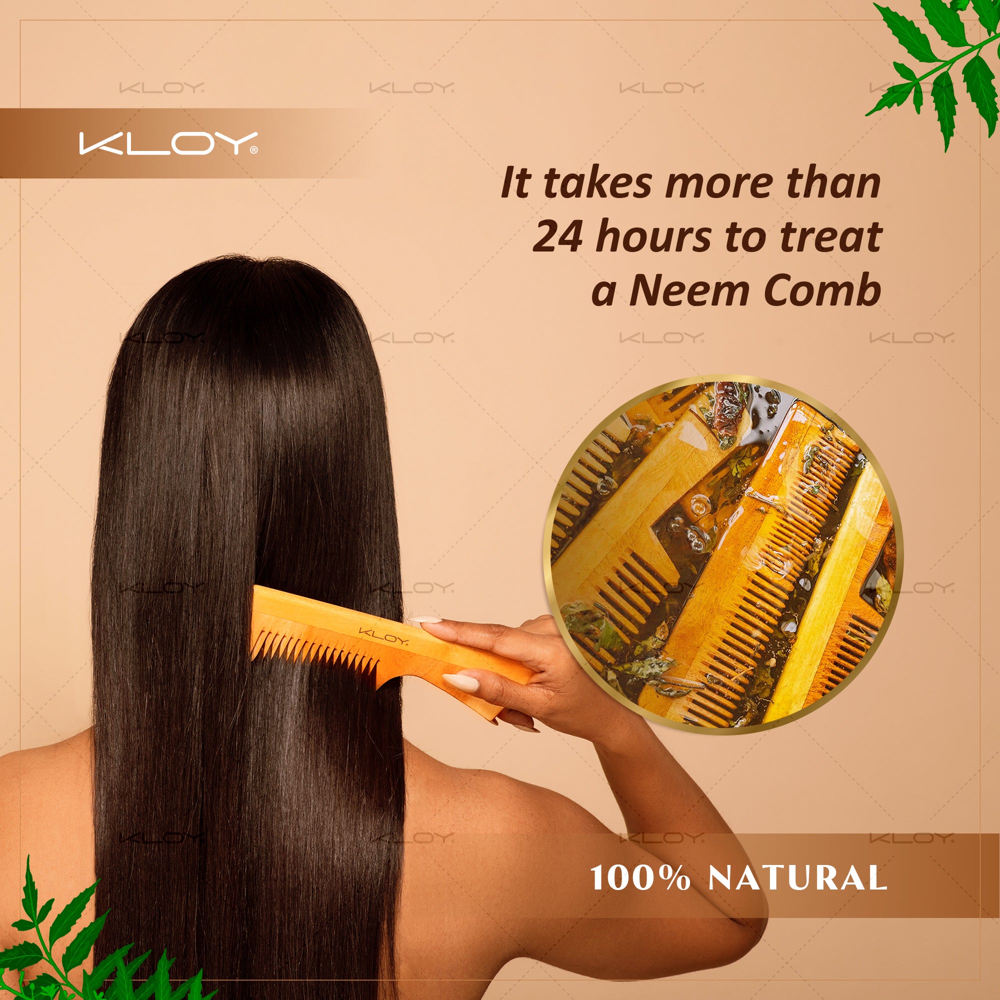 KLOY Oil Treated Kacchi Neem Comb, Treated with Neem Oil & 15+ Herbs for Men, Women (Wide Tooth)