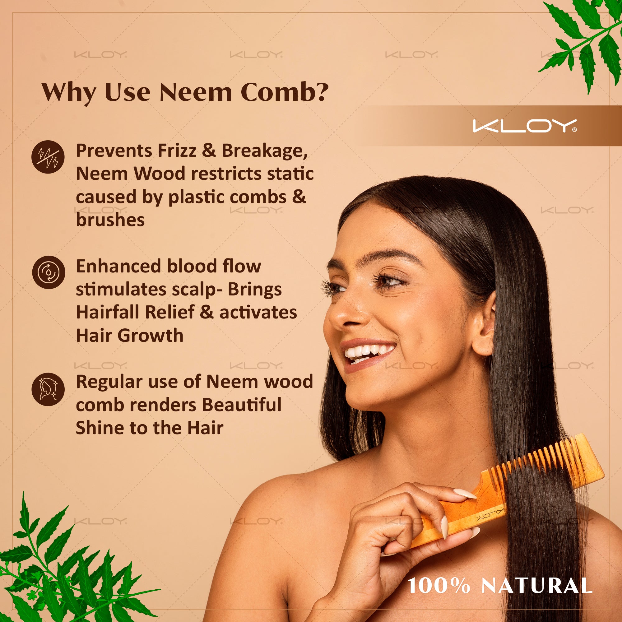 KLOY Oil Treated Kacchi Neem Comb, Treated with Neem Oil & 15+ Herbs for Men, Women (Wide Tooth)