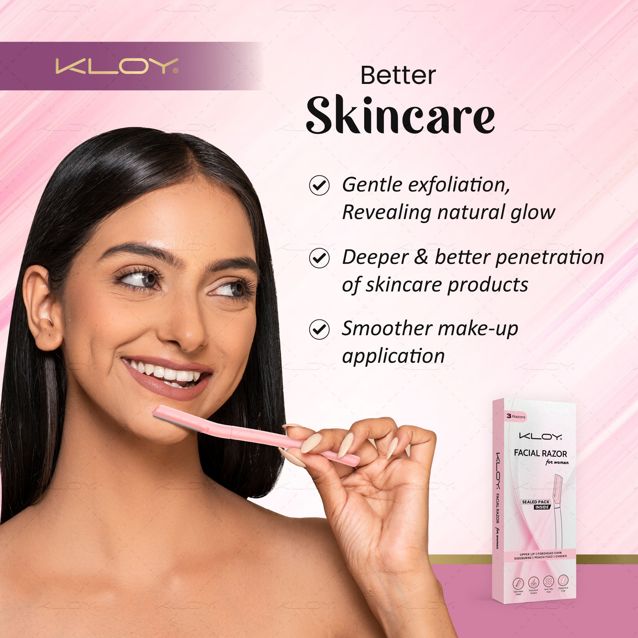 KLOY Facial Razor for Women | SEALED PACK | Instant & Pain Free Hair Removal (Pack of 3)