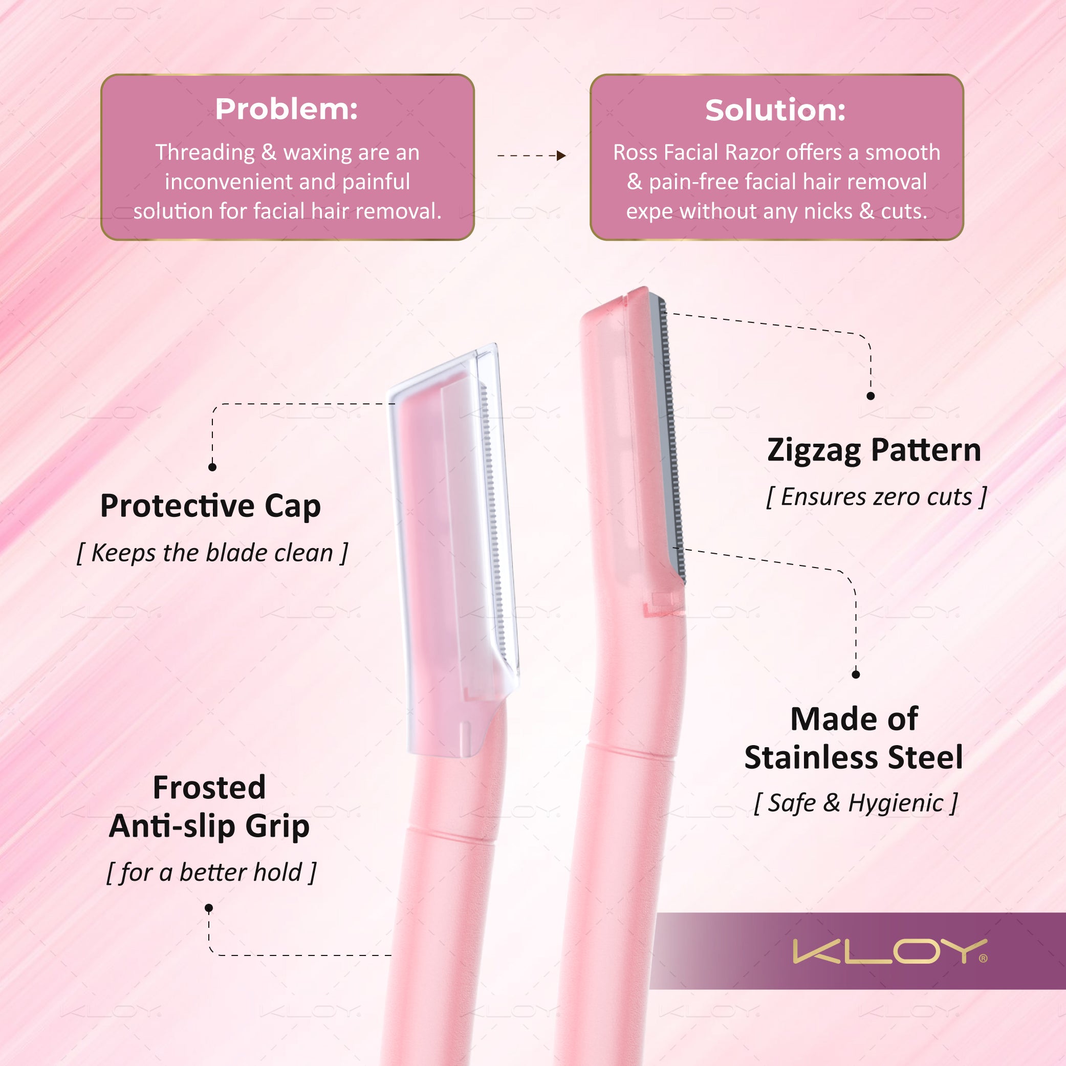 KLOY Facial Razor for Women | SEALED PACK | Instant & Pain Free Hair Removal (Pack of 3)