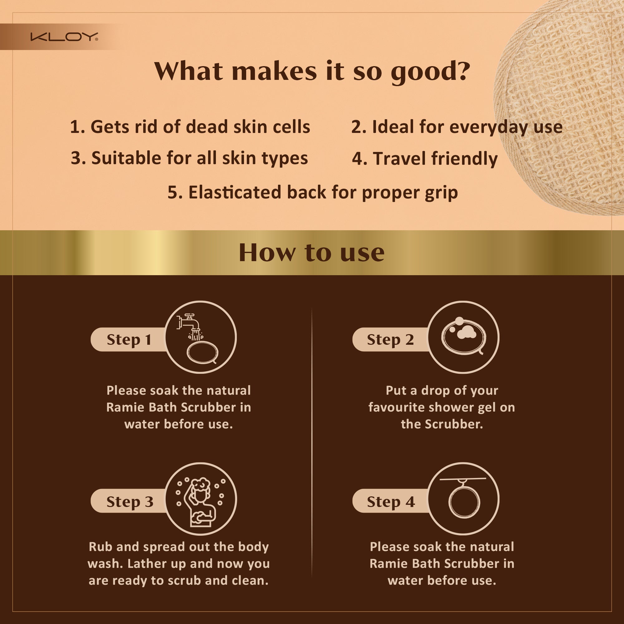 KLOY Natural Ramie Bath Loofah Scrubber Exfoliator, Made of 100% Natural Ramie Fibre (Pack of 2)