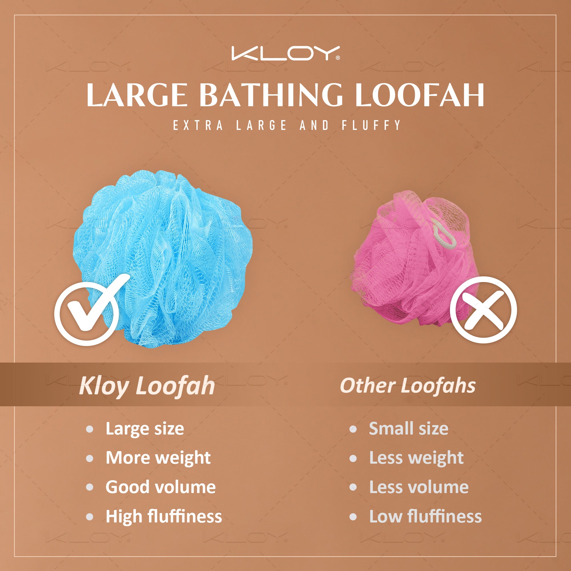 KLOY Large Bath Loofah Sponge Scrubber Exfoliator for High Lather Cleansing, pack of 2 (Peach and Blue)