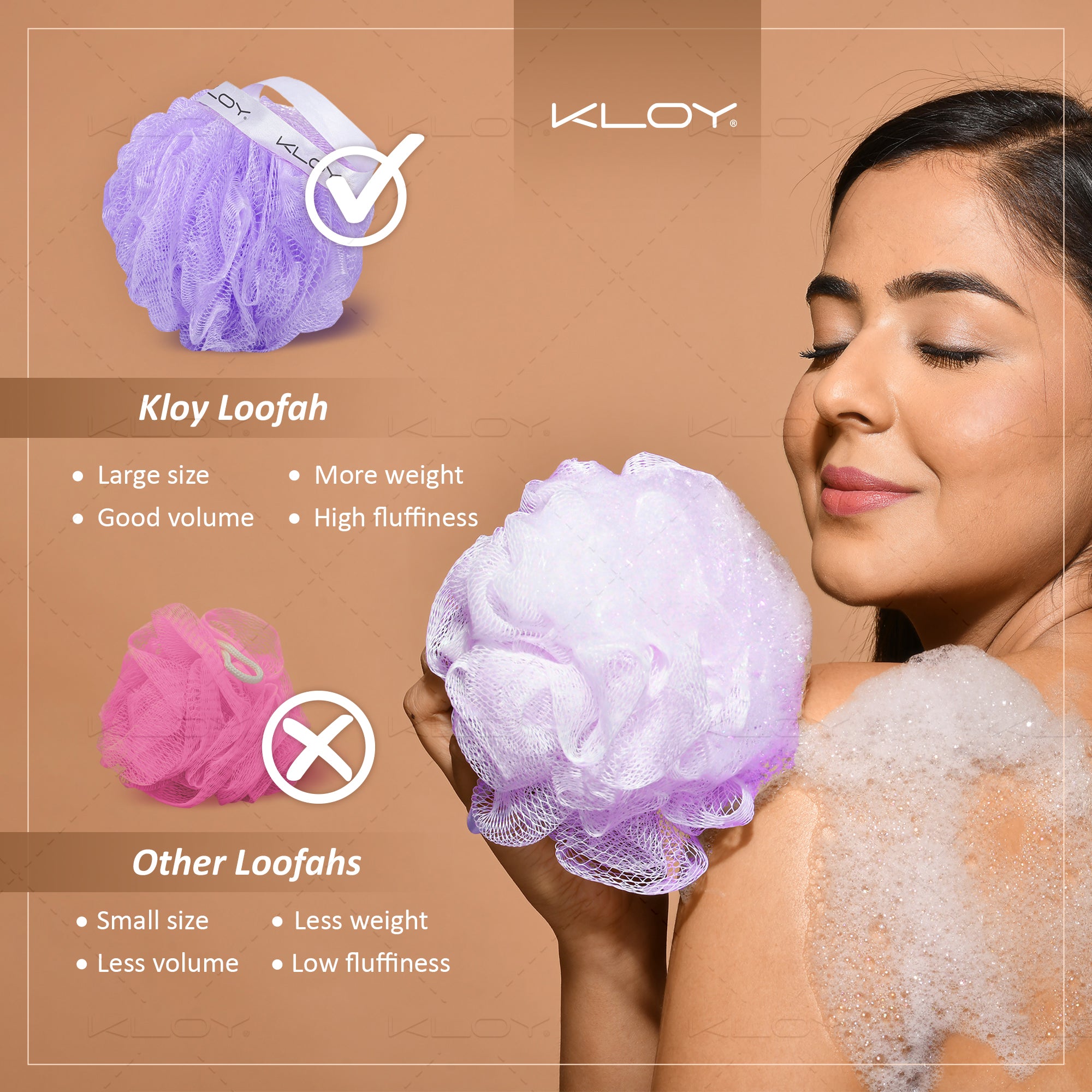 KLOY Large Bath Loofah Sponge Scrubber Exfoliator - Peach And Purple (Pack Of 2 )