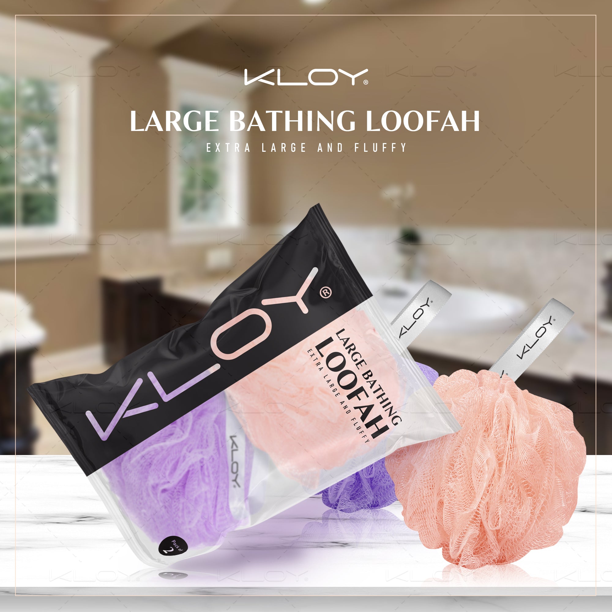 KLOY Large Bath Loofah Sponge Scrubber Exfoliator - Peach And Purple (Pack Of 2 )