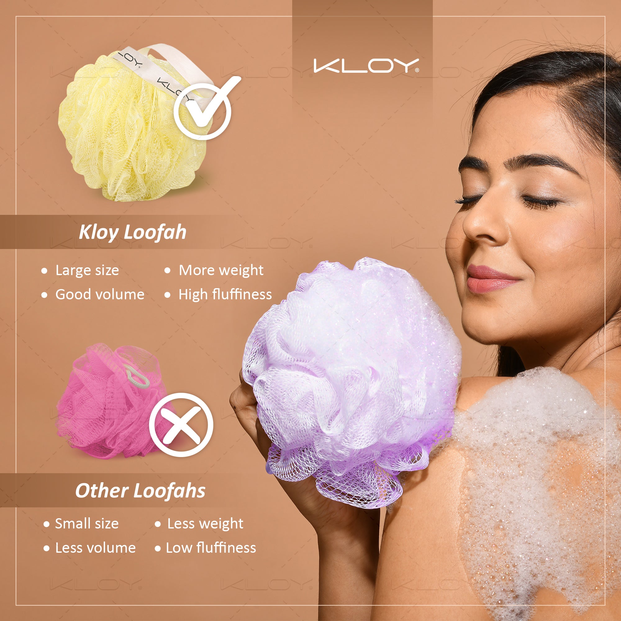 KLOY Large Bath Loofah Sponge Scrubber Exfoliator for High Lather Cleansing, pack of 2 (Peach and Blue)