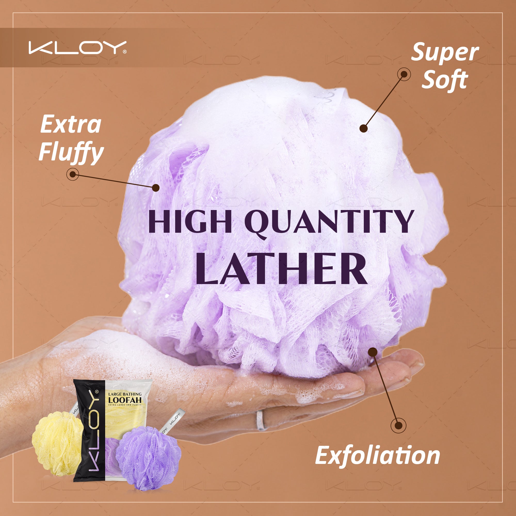 KLOY Large Bath Loofah Sponge Scrubber Exfoliator for High Lather Cleansing, pack of 2 (Peach and Blue)