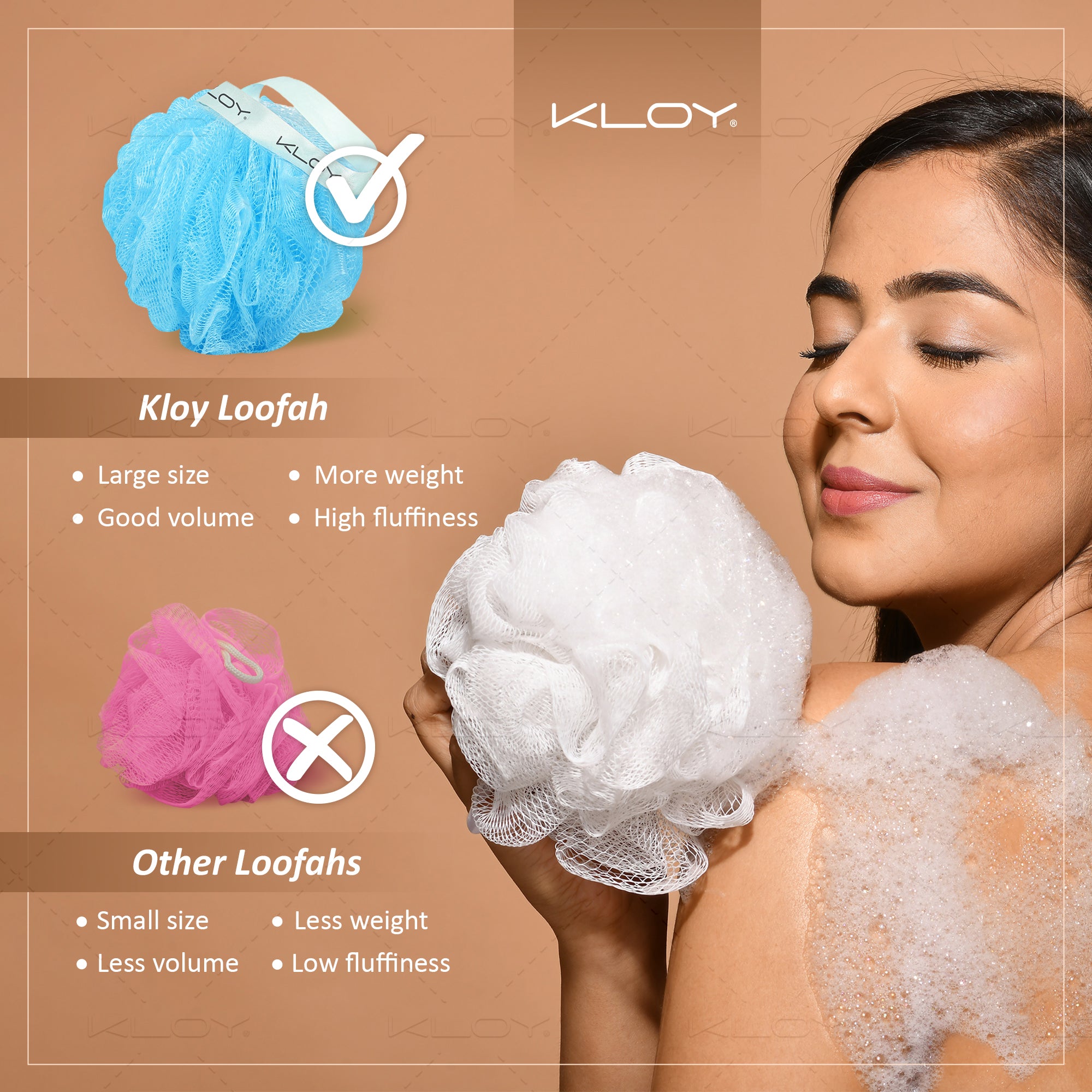 KLOY Large Bath Loofah Sponge Scrubber Exfoliator for High Lather Cleansing, pack of 2 (Peach and Blue)