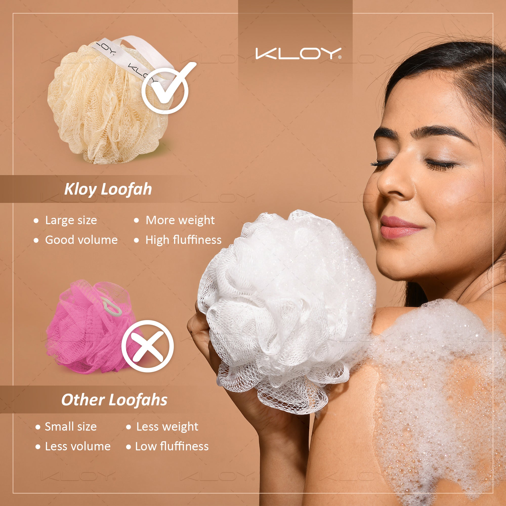 KLOY Large Bath Loofah Sponge Scrubber Exfoliator for High Lather Cleansing, pack of 2 (Peach and Blue)