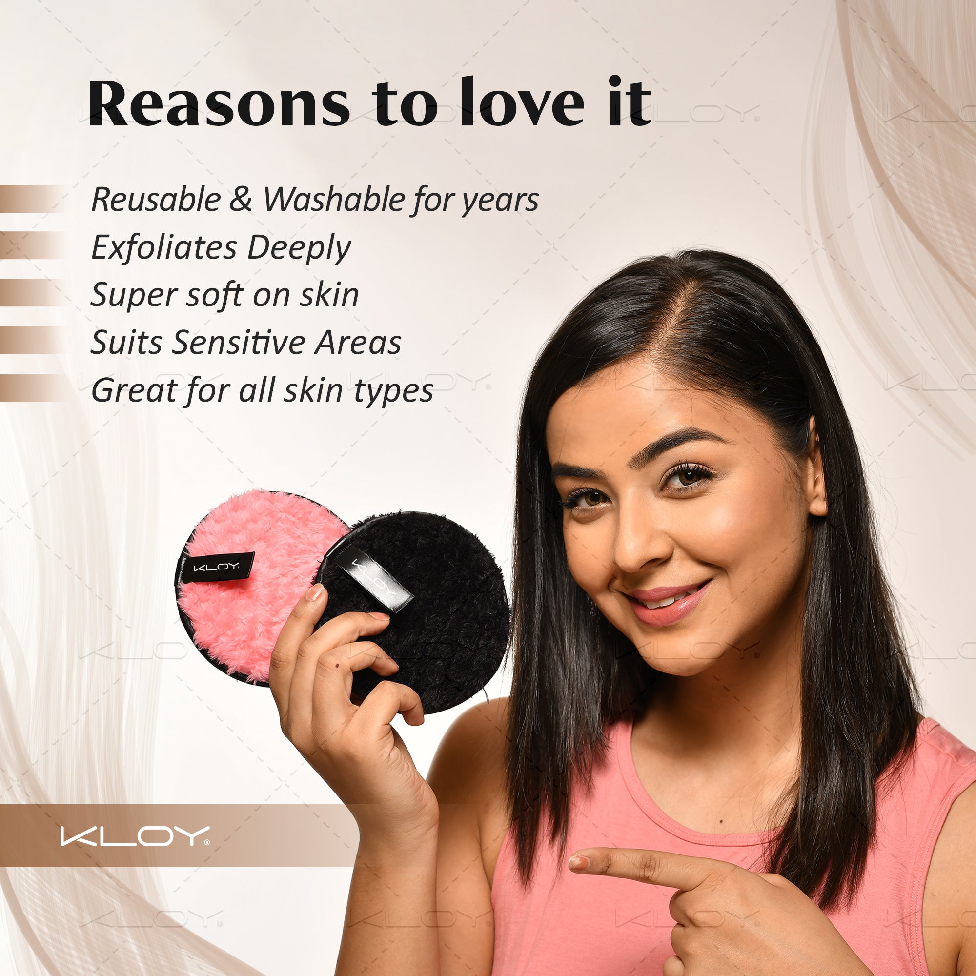 KLOY Reusable Multipurpose Makeup Removal Facial Cleansing Pads, Pink & Black, Safe for Dry & Sensitive Skin (Pack of 2)