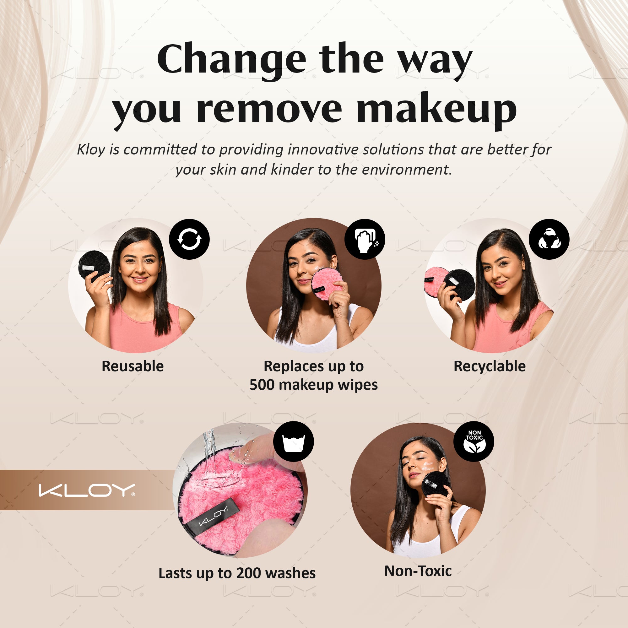 KLOY Reusable Multipurpose Makeup Removal Facial Cleansing Pads, Pink & Black, Safe for Dry & Sensitive Skin (Pack of 2)