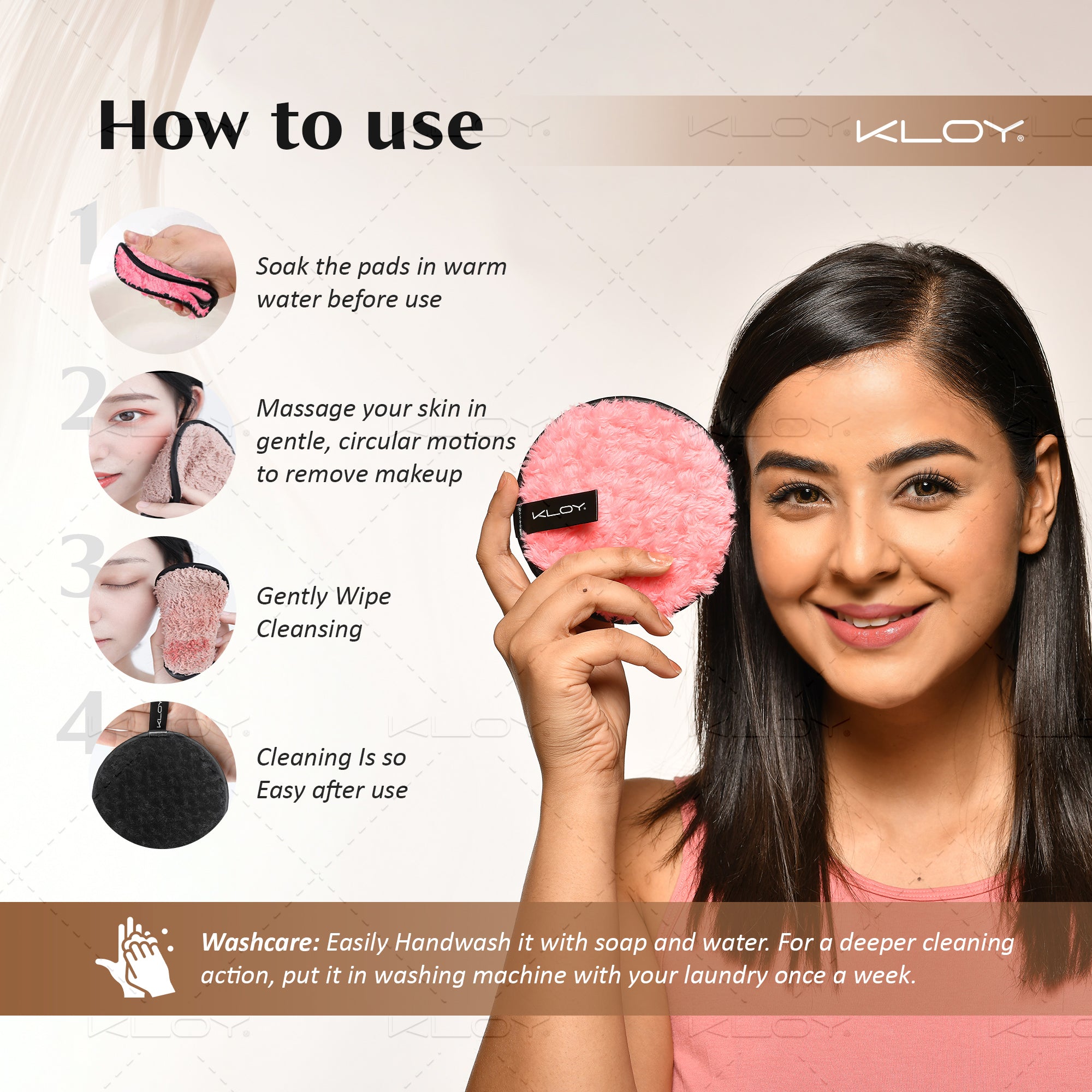 KLOY Reusable Multipurpose Makeup Removal Facial Cleansing Pads, Pink & Black, Safe for Dry & Sensitive Skin (Pack of 2)
