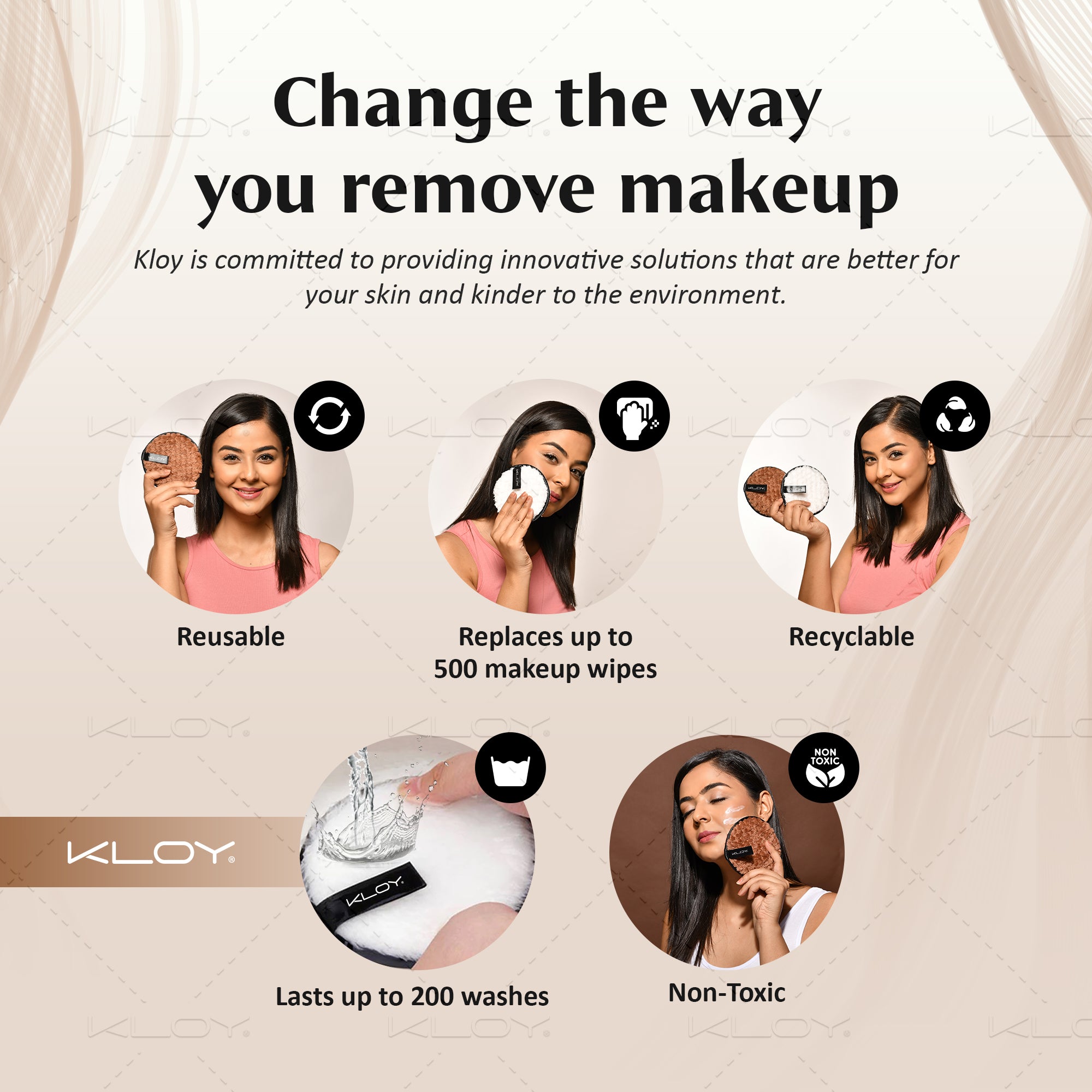 KLOY Reusable Multipurpose Makeup Removal Facial Cleansing Pads, Pink & Black, Safe for Dry & Sensitive Skin (Pack of 2)