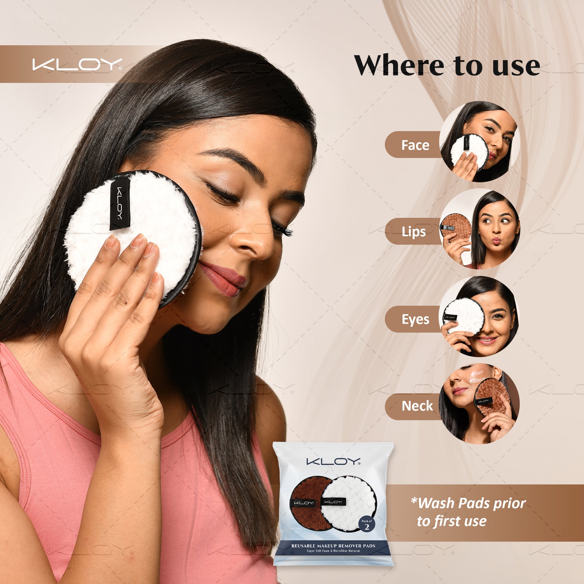 KLOY Reusable Multipurpose Makeup Removal Facial Cleansing Pads, Pink & Black, Safe for Dry & Sensitive Skin (Pack of 2)