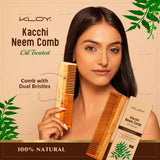 KLOY Oil Treated Kacchi Neem Comb, Treated with Neem Oil & 15+ Herbs for Men, Women (Dual Tooth)