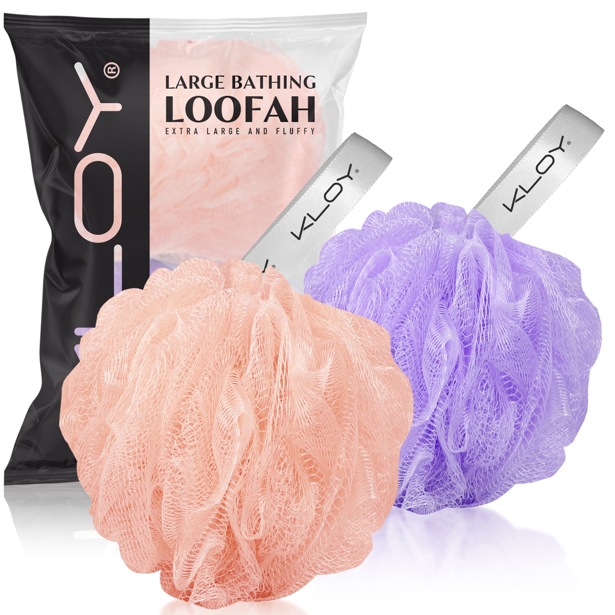 KLOY Large Bath Loofah Sponge Scrubber Exfoliator - Peach And Purple (Pack Of 2 )