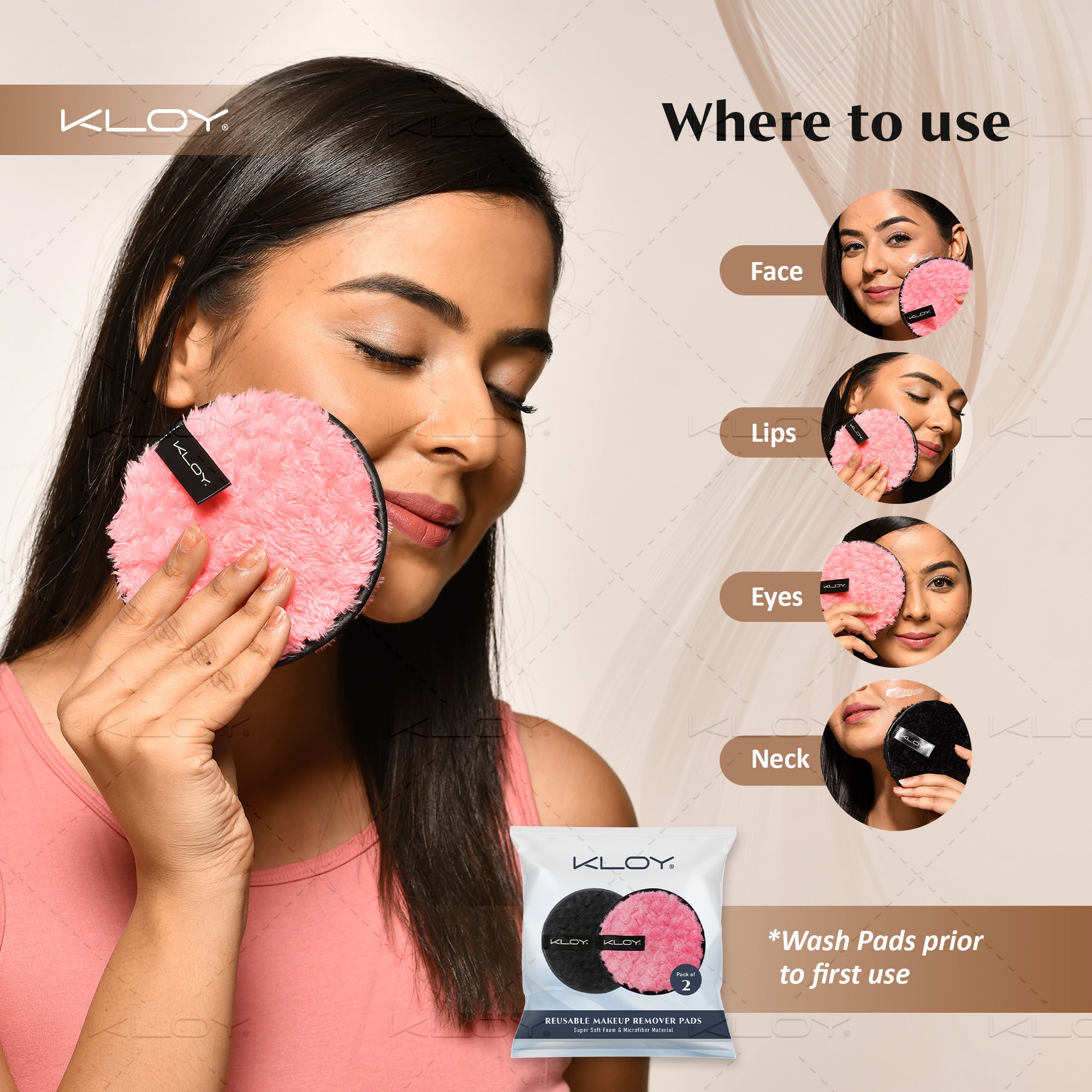 KLOY Reusable Multipurpose Makeup Removal Facial Cleansing Pads, Pink & Black, Safe for Dry & Sensitive Skin (Pack of 2)